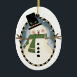 Ornamento cutáneo de snowman<br><div class="desc">Adorable ornamento redondo con adorable arte rústico primitivo de un hombre de nieve festivo,  con sombrero de techo y bufanda decorados. Un gran árbol de Navidad adorno que todos disfrutarán. Maravilloso regalo para cualquier amante del arte rural.</div>