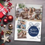 Ornamento de 3 fotos del árbol azul de navidad<br><div class="desc">Envíe sus saludos de vacaciones a la familia y amigos con esta tarjeta de Navidades fotográficos simplemente moderna. El diseño cuenta con un bonito ilustracion adornado con un árbol azul oscuro y un espacio para 3 imágenes...  1 horizontales y 2 cuadradas más pequeñas.</div>