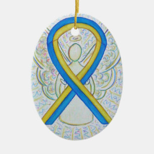 Ornamento de ángel de la cinta azul y amarillo par