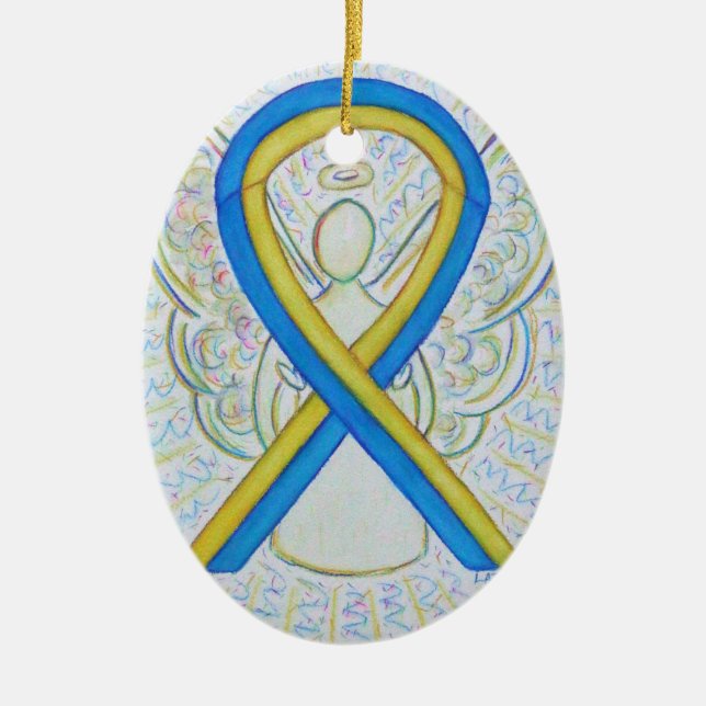 Ornamento de ángel de la cinta azul y amarillo par (Frente)