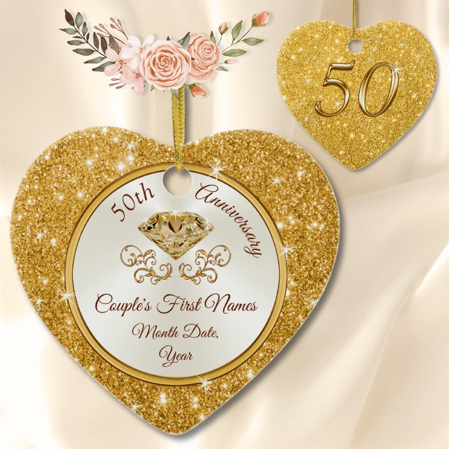Ornamento de Aniversario de Oro Gorgeo Personaliza (50th Anniversary Ornament, Personalized. Golden anniversary ornament. Cheap 50th anniversary Gifts.)