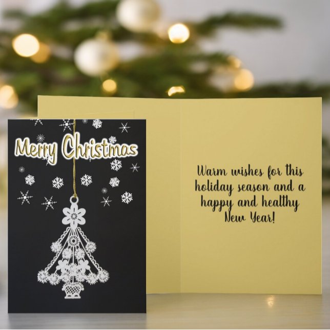 Ornamento de árbol de Navidad blanco sobre plantil (Black and gold cover and inside template text Christmas card)