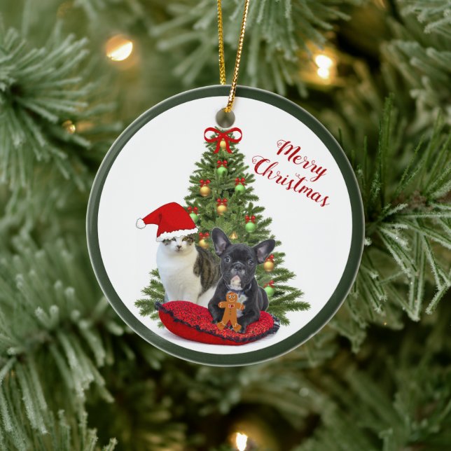 Ornamento de árbol de Navidad de Bulldog y gato fr (Árbol)