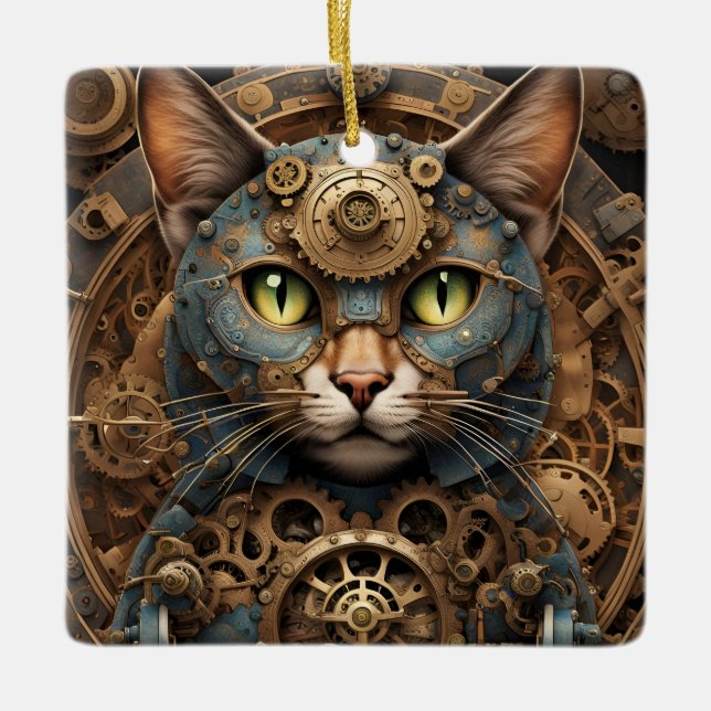 ornamento de arte de IA del gato steampunk azul (Anverso)