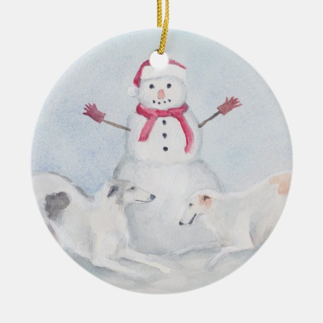 Ornamento de arte de perro de Borzoi y Snowman (Frente)
