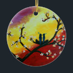 Ornamento de arte del árbol de Blossom Aves Amores<br><div class="desc">Hermoso adorno con pintura de aves amorosas. Para San Valentín,  boda,  decoración de aniversario.</div>