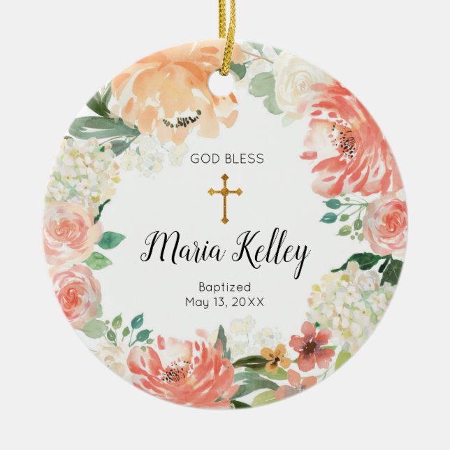 Ornamento de bautismo Chica personalizado floral f (Frente)