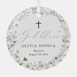 Ornamento de bautismo cruzado Chica morado de flor