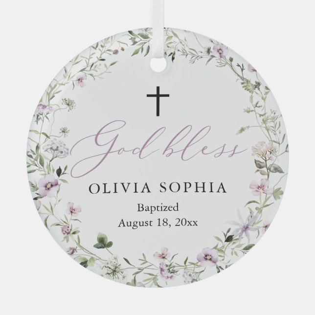 Ornamento de bautismo cruzado Chica morado de flor (Anverso)
