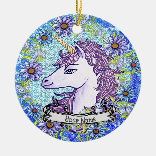 Ornamento de Blue Daisy Unicorn (Frente)