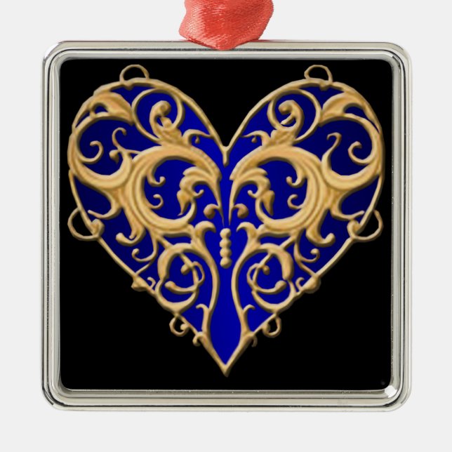 Ornamento de Blue Filigree Heart Square (Frente)