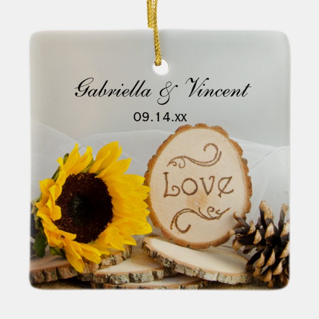 Ornamento de Boda de hueso de girasol rústico (Anverso)