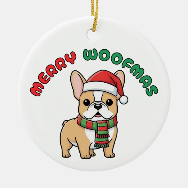 Ornamento de Bulldog francés navidades: Merry Woof (Frente)