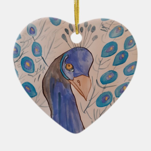Ornamento de cerámica azul de pavo real (Frente)