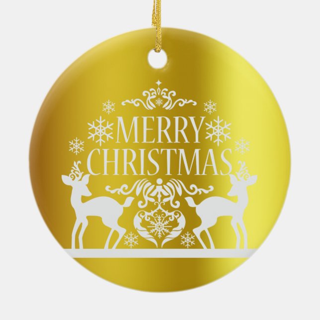 Ornamento de cerámica blanca Faux Gold Merry Chris (Atrás)