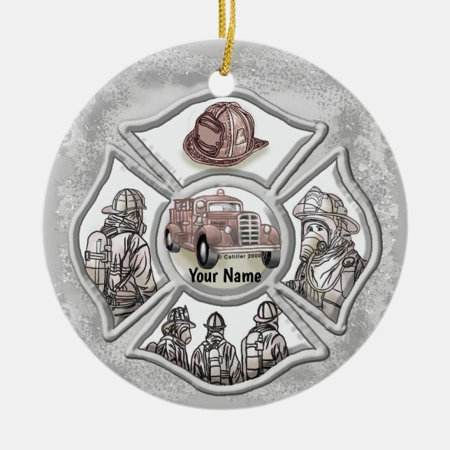 Ornamento de cerámica cruzada maltesa para bombero (Frente)