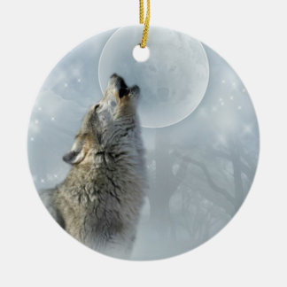 Ornamento de cerámica de la luna azul del lobo