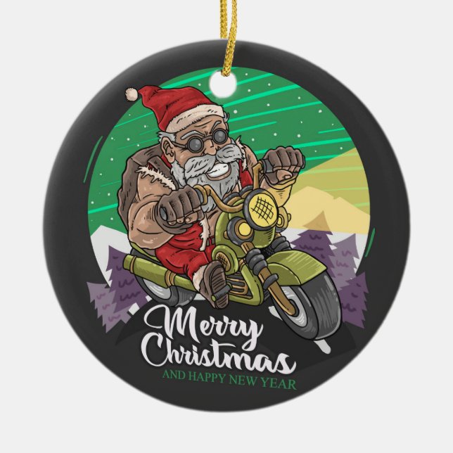 Ornamento de cerámica de navidad Santa Biker (Frente)