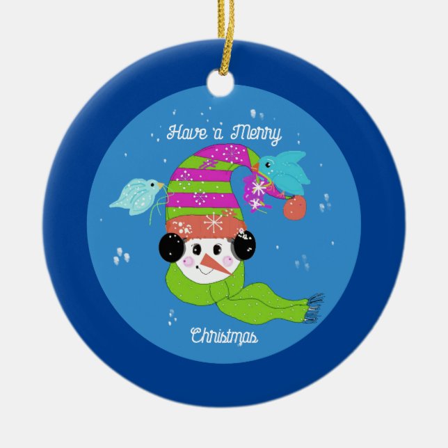 Ornamento de cerámica de Snowman Merry Christmas (Frente)