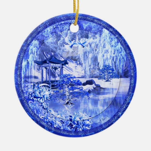 Ornamento de cerámica "del mundo azul del sauce", (Frente)