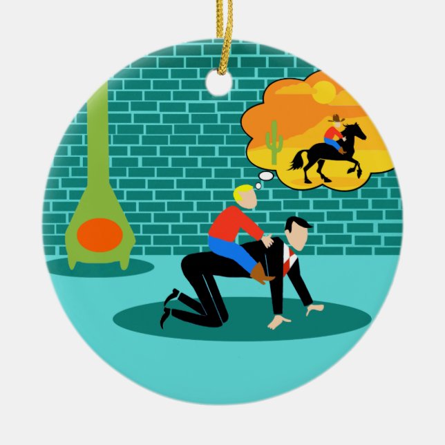 Ornamento de cerámica del pequeño vaquero retro (Frente)