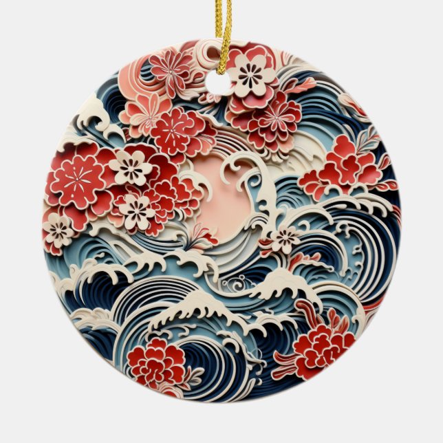 Ornamento de Chiyogami azul y rojo (Frente)