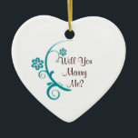 Ornamento de compromiso de flor Marry me Aqua<br><div class="desc">Sorpréndala y emociona con esta hermosa proposición matrimonial en forma de corazón blanco que surge la pregunta "¿Te casarás conmigo?" Diseñado con la imagen de una flor de fibra de color aqua y pequeños detalles de diamante falso y texto color chocolate sobre un fondo blanco limpio. El reverso puede ser...</div>