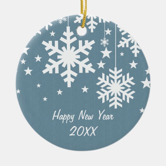 Ornamento de copos de nieve y estrellas, azul (Frente)