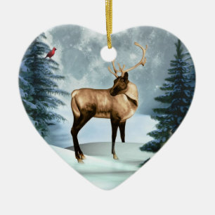 Ornamento de corazón de escena invernal del cierv