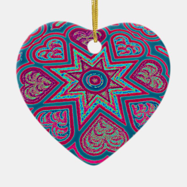 Ornamento de corazones de arte popular azul (Frente)