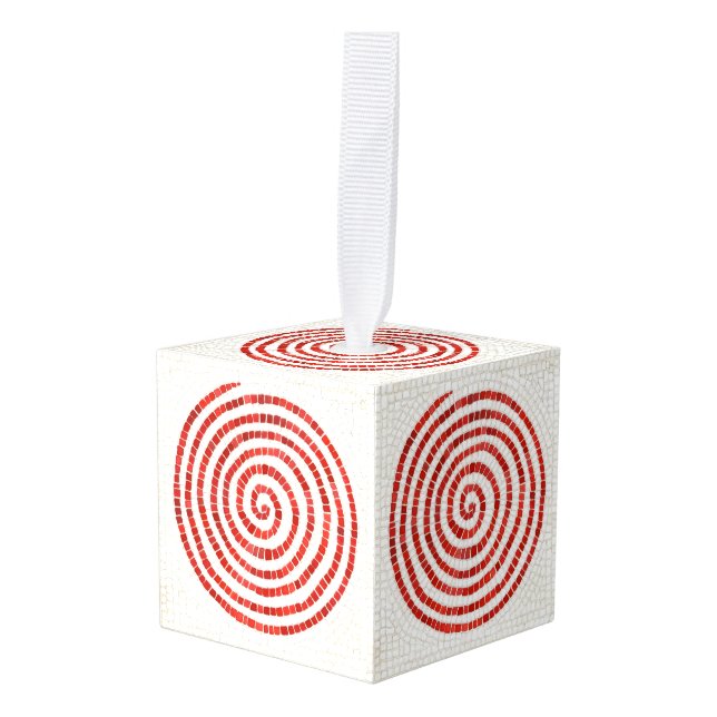 Ornamento de cubo de madera de PINWHEEL MOSAIC (Anverso en perspectiva)