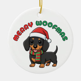Ornamento de Dachshund Negro navidades: Feliz Woof