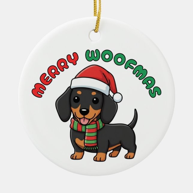 Ornamento de Dachshund Negro navidades: Feliz Woof (Frente)