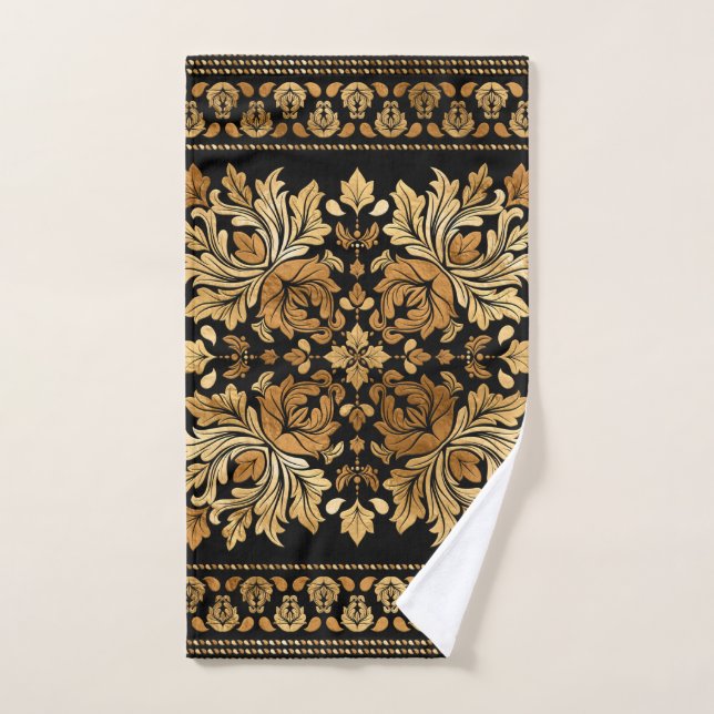 Ornamento de damasco de época oriental - Negro y o (Toalla de mano)