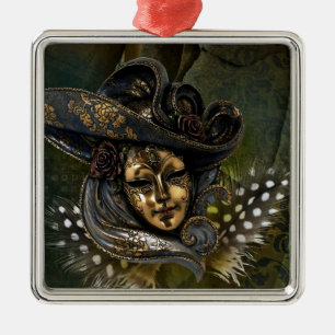 Ornamento de Damasco Verde-Máscara de Carnaval