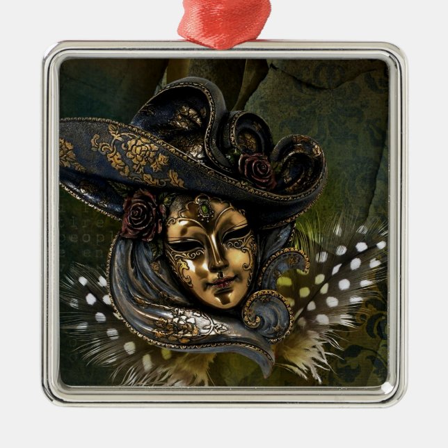 Ornamento de Damasco Verde-Máscara de Carnaval (Frente)