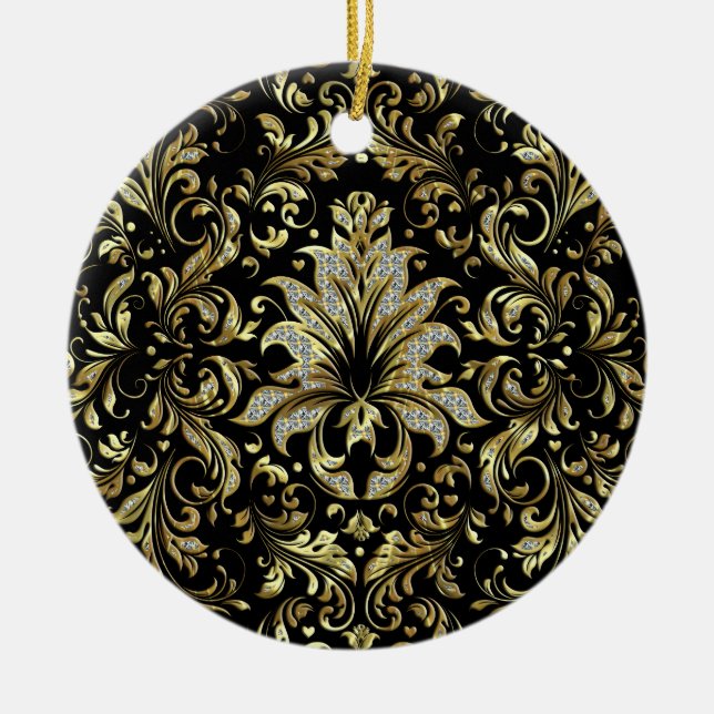 Ornamento De Encaje Floral Negro, Oro Y Purpurina (Frente)
