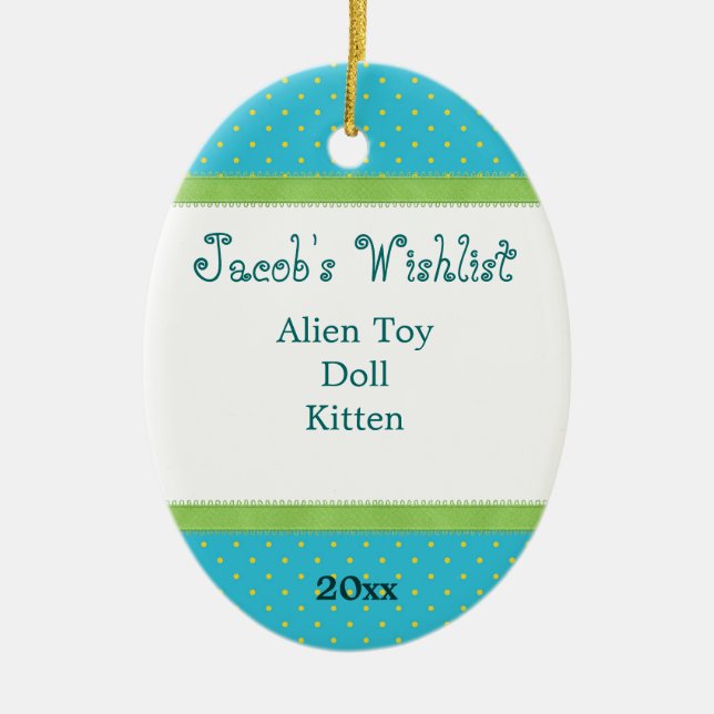 Ornamento de encargo azul y verde de Wishlist (Frente)