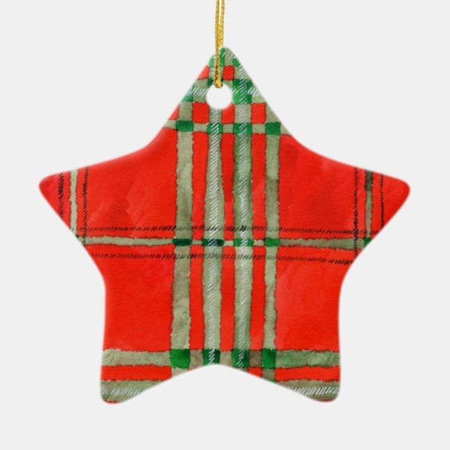 Ornamento de estrella cerámica RED SCOTT TARTAN (Frente)