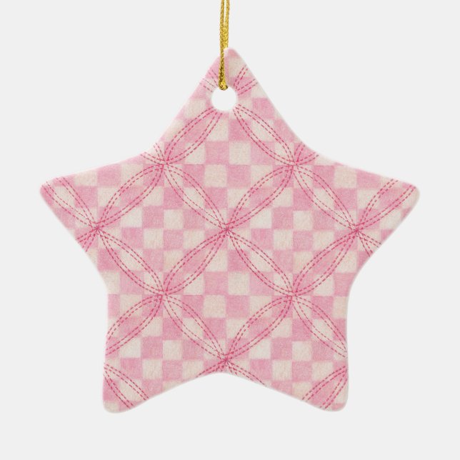 Ornamento de estrella de cerámica PINK CHECK QUILT (Frente)