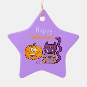 Ornamento de estrella de Halloween con gato morado