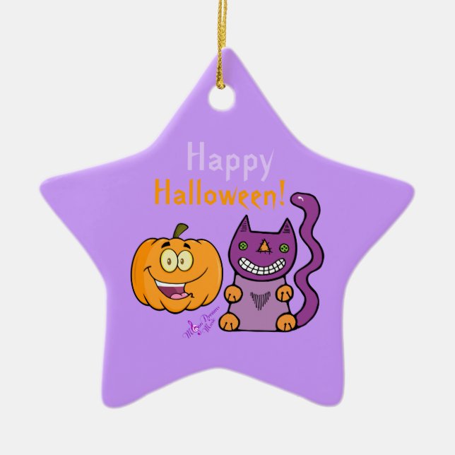 Ornamento de estrella de Halloween con gato morado (Frente)
