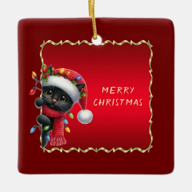 Ornamento de festividad de gato negro para navidad (Anverso)
