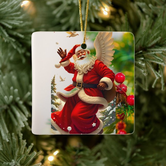 Ornamento de Flying Santa Claus (Santa Claus Ornament Against a Christmas Tree!)