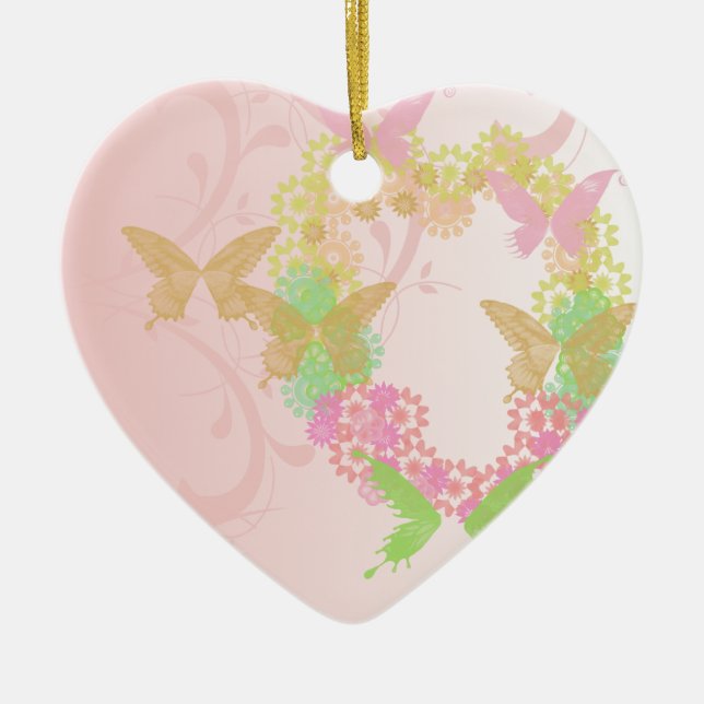 Ornamento de forma cardíaca con flores y mariposas (Frente)