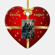 Ornamento de foto de corazón de cerámica roja y do
