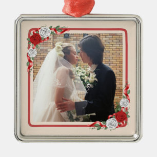 Ornamento de fotos Boda de rosas rojas y blancas