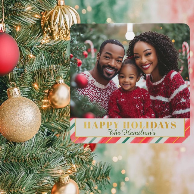 Ornamento de fotos cuadradas de Navidades de Candy (red, green and gold christmas photo  ornament)