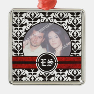 Ornamento de fotos de bodas de damasco blanco y ne