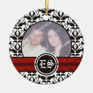 Ornamento de fotos de bodas de damasco blanco y ne